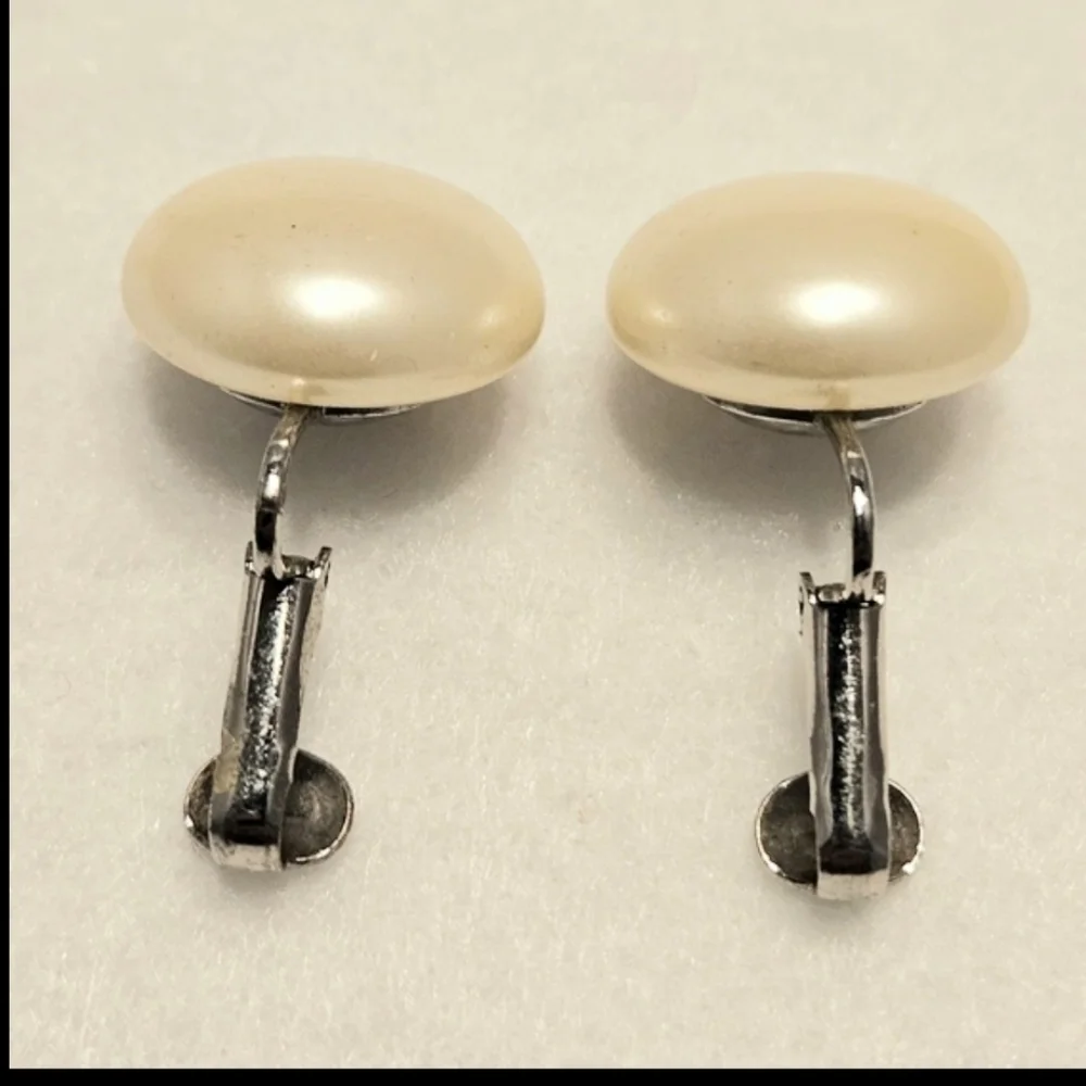 Vintage Faux Pearl Clip-On Earrings, Silver Tone, Classic Button Style